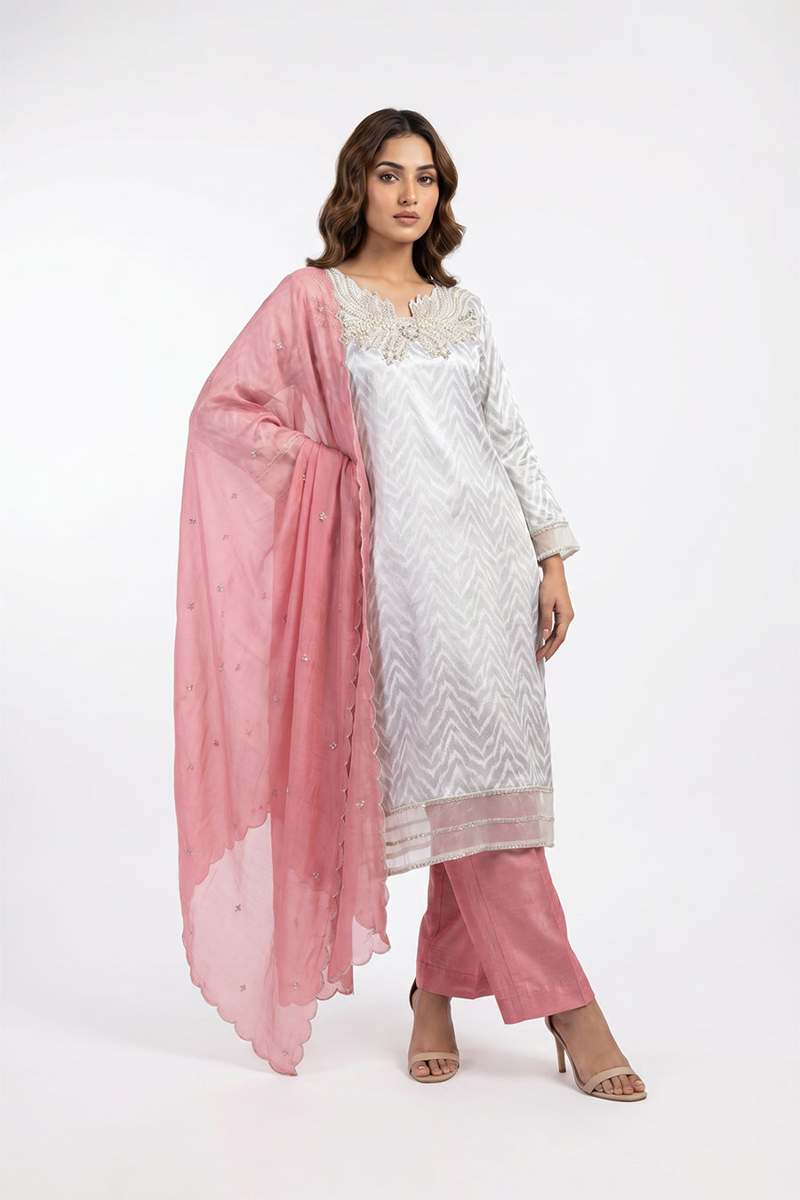 Elegant White & Blush Pink Embroidered Three piece Set for Women