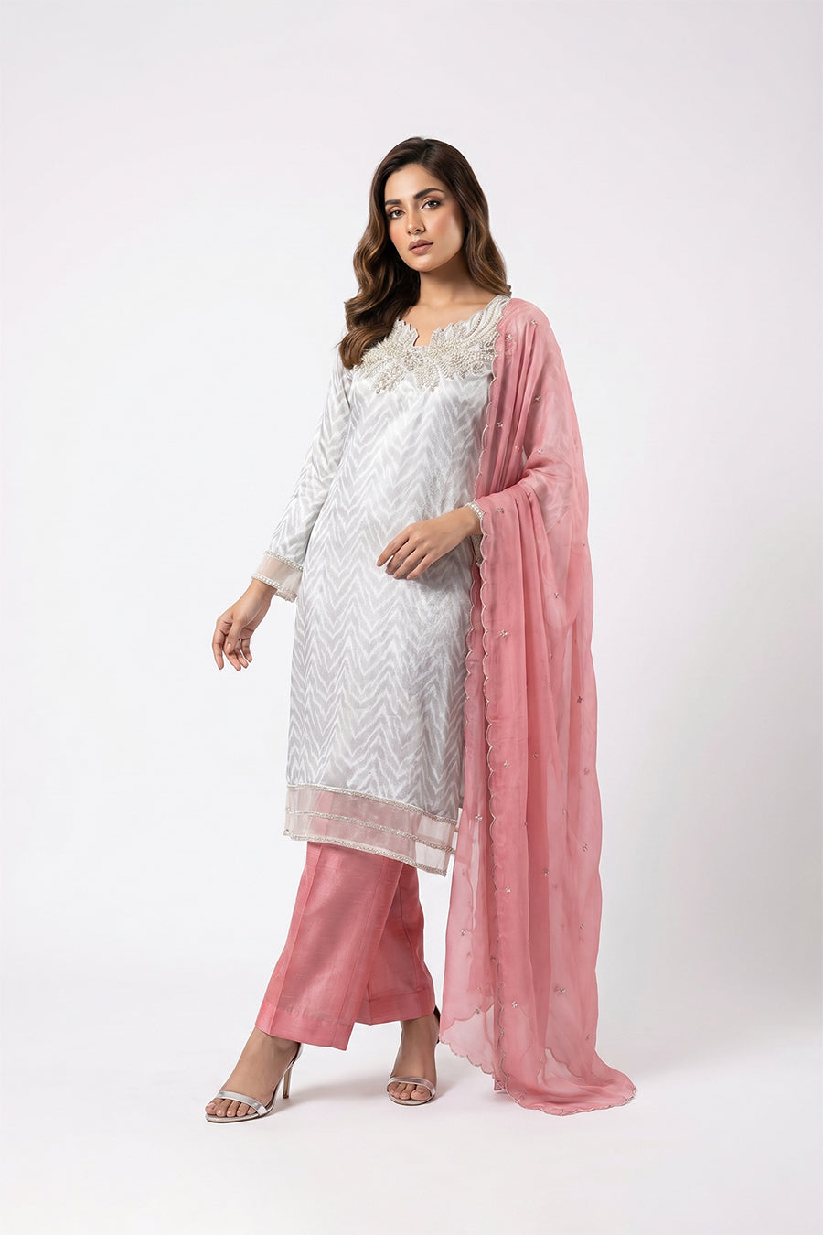 Elegant White & Blush Pink Embroidered Three piece Set for Women